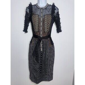 Beguile by Byron Lars Lace Dress Black Bodycon Knee Length 3/4 Sleeve Size 2